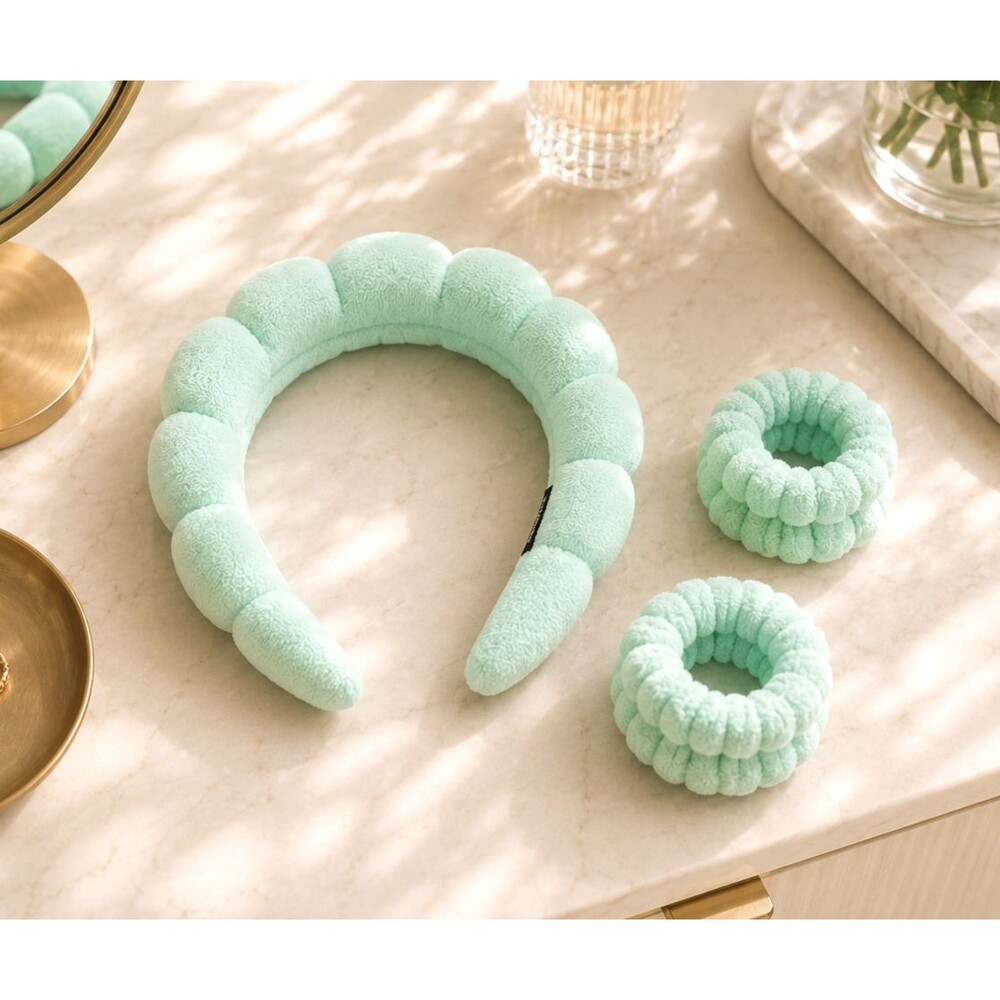 Mint Green Puffy Terry Cloth Spa Headband & Wrist Wash Band Set Skincare NEW